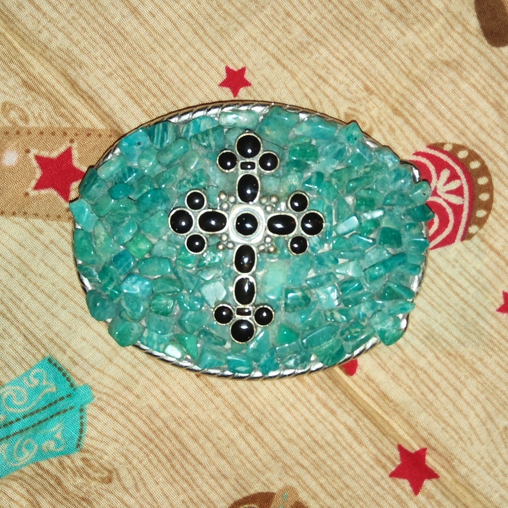 Women's Vtg Turquoise Beaded Belt Buckle with Black Bead Cross Accent